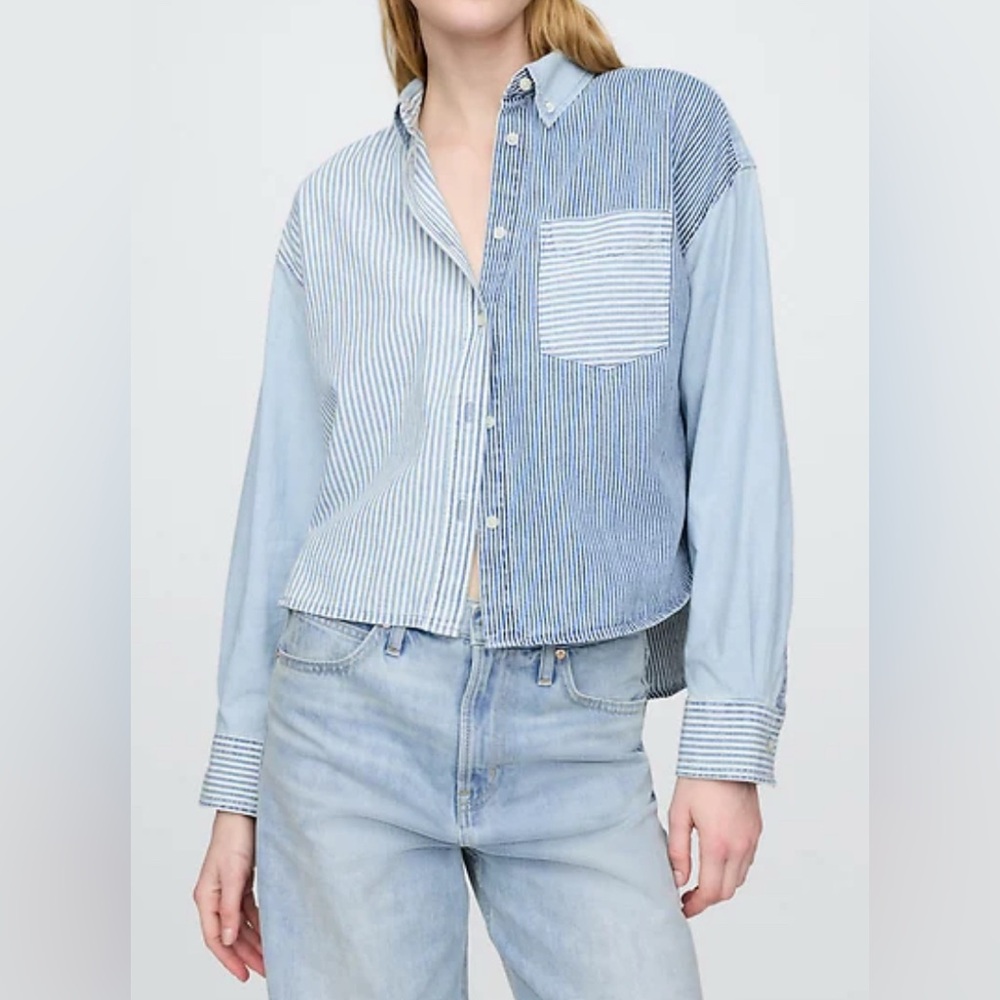 Gap Women Soft Cotton Denim Cropped Big Shirt XL Button Front Oversized Boho NEW